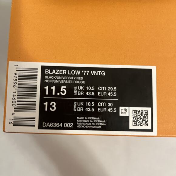 NIB Nike Blazer Low '77 Vintage Shoes Men's 11.5 Black University Red DA6364-002 - Picture 9 of 10